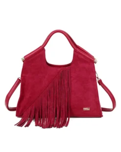 ENRICO COVERI - Borsa a mano rossa scamosciata con frange e tasca posteriore, tracolla removibile