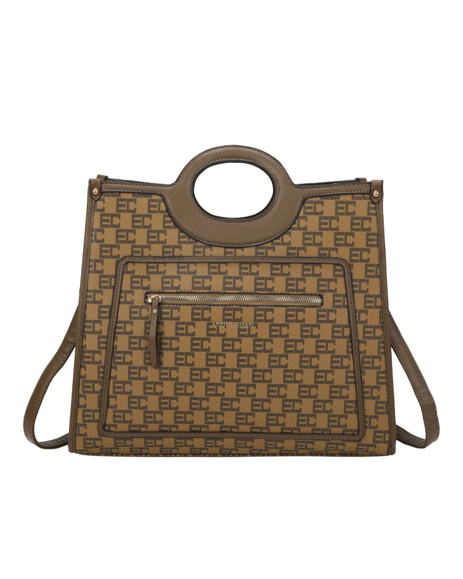 ENRICO COVERI - Borsa a mano taupe loggata con tasca frontale e posteriore, tracolla removibile
