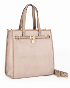 ENRICO COVERI - Borsa due manici taupe scamosciata con tasca posteriore, tracolla removibile