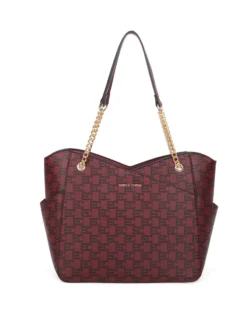 ENRICO COVERI - Borsa shopping loggata bordeaux con tasche laterali e manici con catena