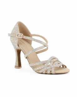 GLOBODANCE - Scarpa da ballo platino in lurex con sottopiede in memory foam e strass, tacco 8,5CM