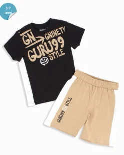 GURU - Completo manica corta nero bambino 3-7 anni in cotone