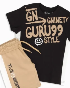 GURU - Completo manica corta nero bambino 3-7 anni in cotone