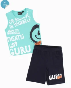GURU - Completo smanicato bambino 3-7 anni azzurro in cotone