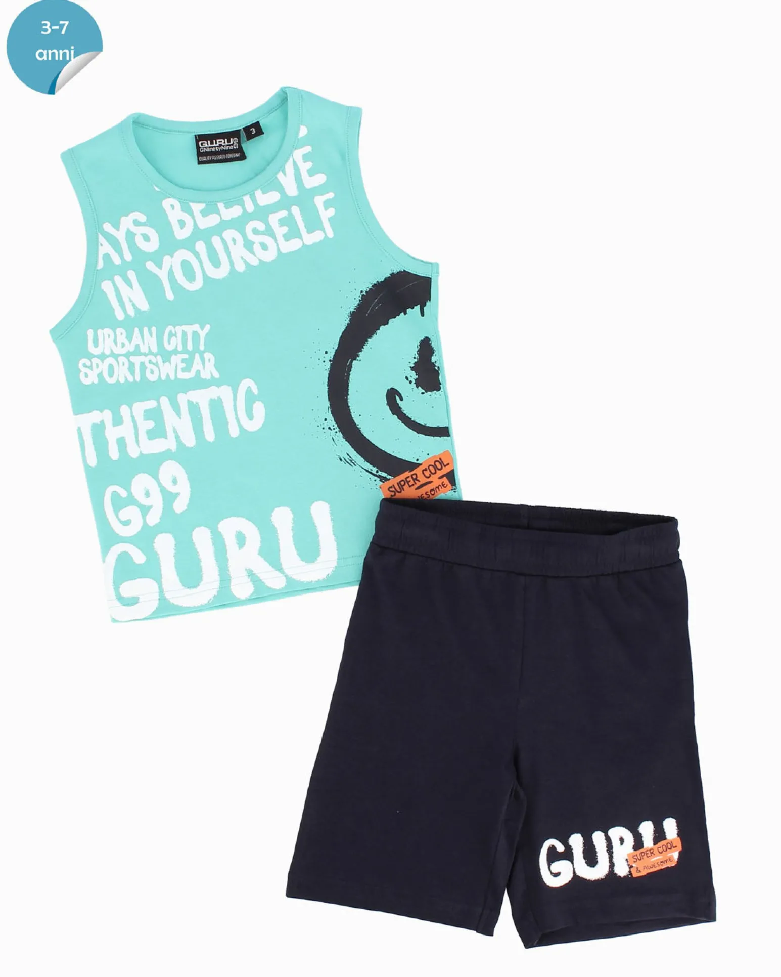 GURU - Completo smanicato bambino 3-7 anni azzurro in cotone
