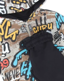 GURU - COMPLETO TUTA BAMBINO FELPA PANNA STAMPA GRAFFITI CON ZIP E CAPPUCCIO