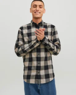 JACK&JONES - CAMICIA A QUADRI NERA E BEIGE IN FLANELLA DA UOMO