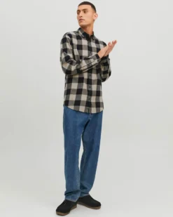 JACK&JONES - CAMICIA A QUADRI NERA E BEIGE IN FLANELLA DA UOMO