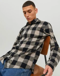 JACK&JONES - CAMICIA A QUADRI NERA E BEIGE IN FLANELLA DA UOMO