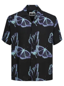 JACK&JONES CAMICIA HAWAIANA NERA DA UOMO STAMPA FARFALLE