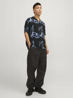 JACK&JONES CAMICIA HAWAIANA NERA DA UOMO STAMPA FARFALLE