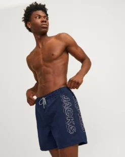 JACK&JONES - Costume da bagno blu con logo laterale e tasche