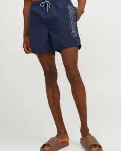 JACK&JONES - Costume da bagno blu con logo laterale e tasche