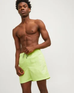 JACK&JONES - Costume da bagno lime con logo laterale e tasche