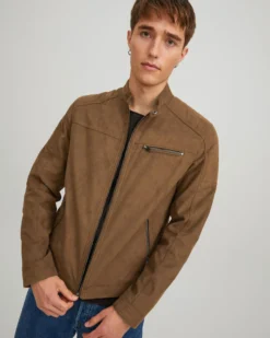 JACK&JONES - GIUBBINO BIKER SCAMOSCIATO COGNAC DA UOMO