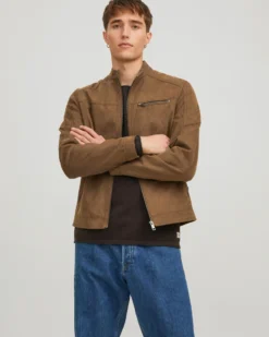 JACK&JONES - GIUBBINO BIKER SCAMOSCIATO COGNAC DA UOMO