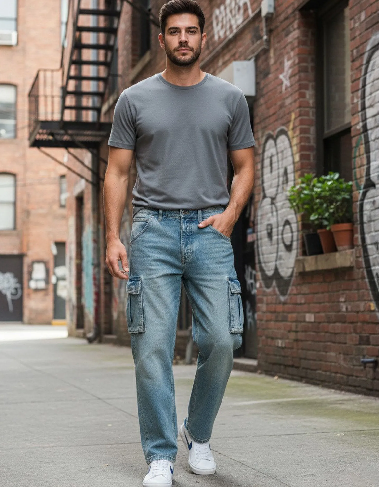 JACK&JONES - JEANS ALEX CARGO BLUE DENIM DA UOMO