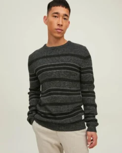 JACK&JONES - MAGLIONE UOMO A GIROCOLLO GRIGIO E NERO