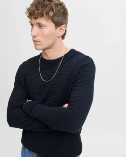 JACK&JONES - PULLOVER GIROCOLLO BLU SCURO DA UOMO A COSTINE ORIZZONTALI