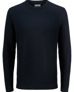 JACK&JONES - PULLOVER GIROCOLLO BLU SCURO DA UOMO A COSTINE ORIZZONTALI