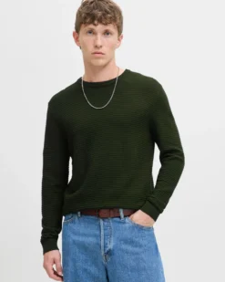 JACK&JONES - PULLOVER GIROCOLLO VERDE MILITARE DA UOMO A COSTINE ORIZZONTALI