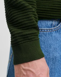 JACK&JONES - PULLOVER GIROCOLLO VERDE MILITARE DA UOMO A COSTINE ORIZZONTALI