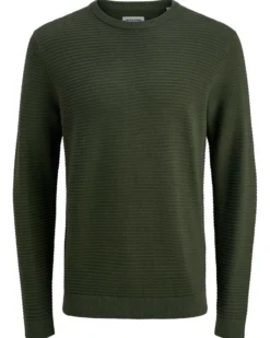 JACK&JONES - PULLOVER GIROCOLLO VERDE MILITARE DA UOMO A COSTINE ORIZZONTALI
