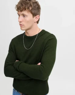JACK&JONES - PULLOVER GIROCOLLO VERDE MILITARE DA UOMO A COSTINE ORIZZONTALI
