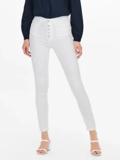 JACQUELINE de YONG - JEANS SKINNY STRETCH BIANCO VITA ALTA, LUNGHEZZA ALLA CAVIGLIA E 4 BOTTONI
