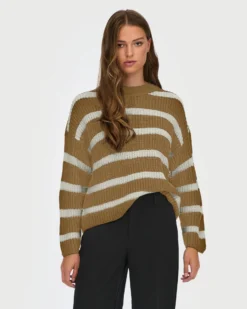 JACQUELINE - MAGLIA PULLOVER A RIGHE BEIGE E BIANCO