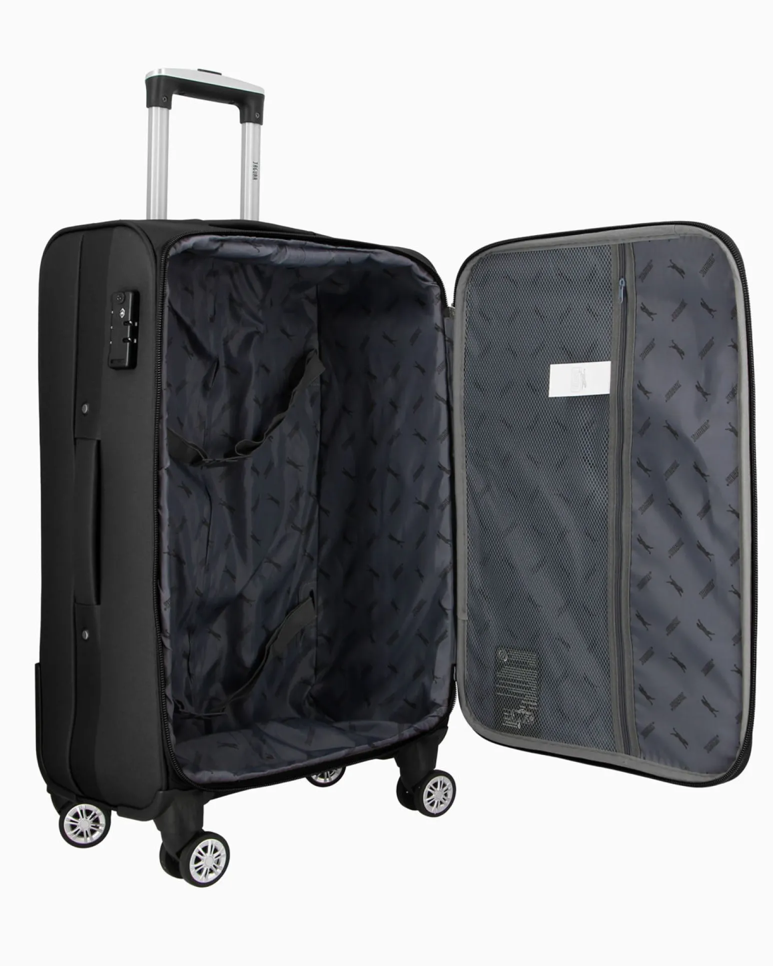 JAGUAR - TROLLEY NERO IN TESSUTO CON DOPPIA TASCA FRONTALE, COMBINAZIONE TSA E 4 RUOTE