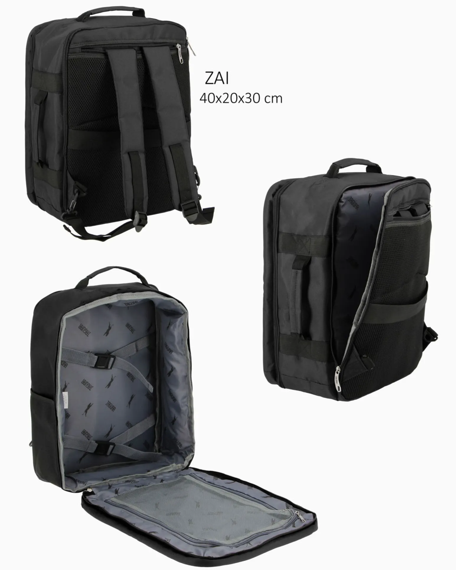JAGUAR - TROLLEY NERO IN TESSUTO CON DOPPIA TASCA FRONTALE, COMBINAZIONE TSA E 4 RUOTE