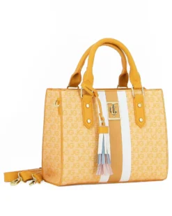 JUST GOLF - Borsa a mano gialla con logo metallico frontale e pennacchio a frange multicolor, tracolla removibile