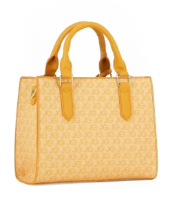 JUST GOLF - Borsa a mano gialla con logo metallico frontale e pennacchio a frange multicolor, tracolla removibile