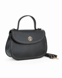 JUST GOLF - Borsa a mano nera con patta e dettaglio borchie oro, tracolla removibile