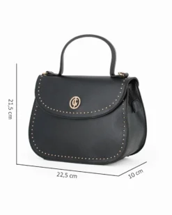 JUST GOLF - Borsa a mano nera con patta e dettaglio borchie oro, tracolla removibile
