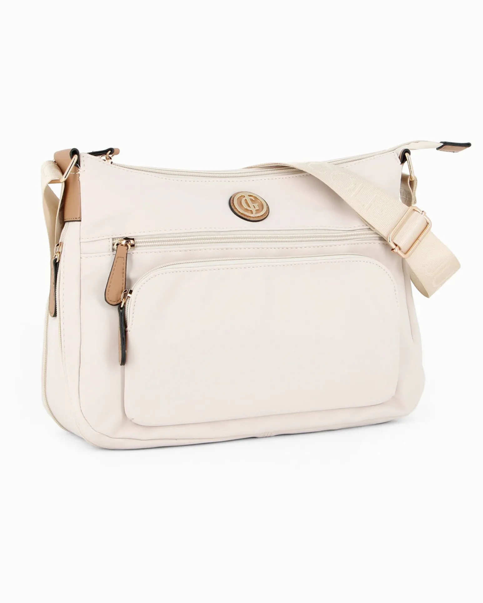 JUST GOLF - Borsa beige con doppia tasca frontale, manico regolabile e cerniera ad espansione