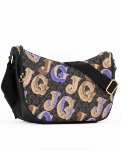 JUST GOLF - Borsa tracolla mezzaluna nera double face con stampa logo lilla