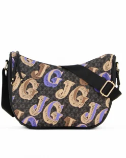 JUST GOLF - Borsa tracolla mezzaluna nera double face con stampa logo lilla