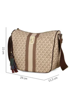 JUST GOLF - Tracolla mezzaluna taupe con logo metallico frontale e pennacchio a frange multicolor