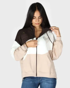KEITH HARI - Felpa marrone/panna/avorio da donna full zip con cappuccio