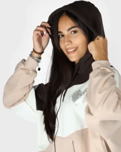 KEITH HARI - Felpa marrone/panna/avorio da donna full zip con cappuccio