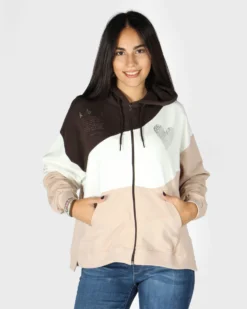 KEITH HARI - Felpa marrone/panna/avorio da donna full zip con cappuccio