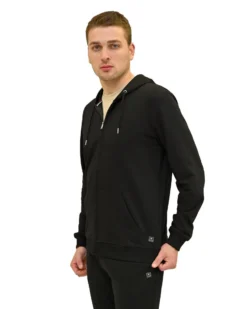 KEY UP - FELPA NERA DA UOMO FULL ZIP CON CAPPUCCIO