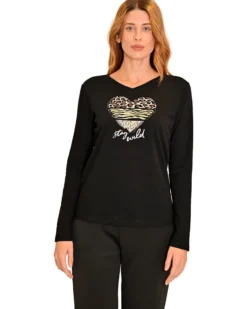 KEY UP - MAGLIA MANICA LUNGA  DONNA NERA  HEART STAY WILD - 5S421/0002