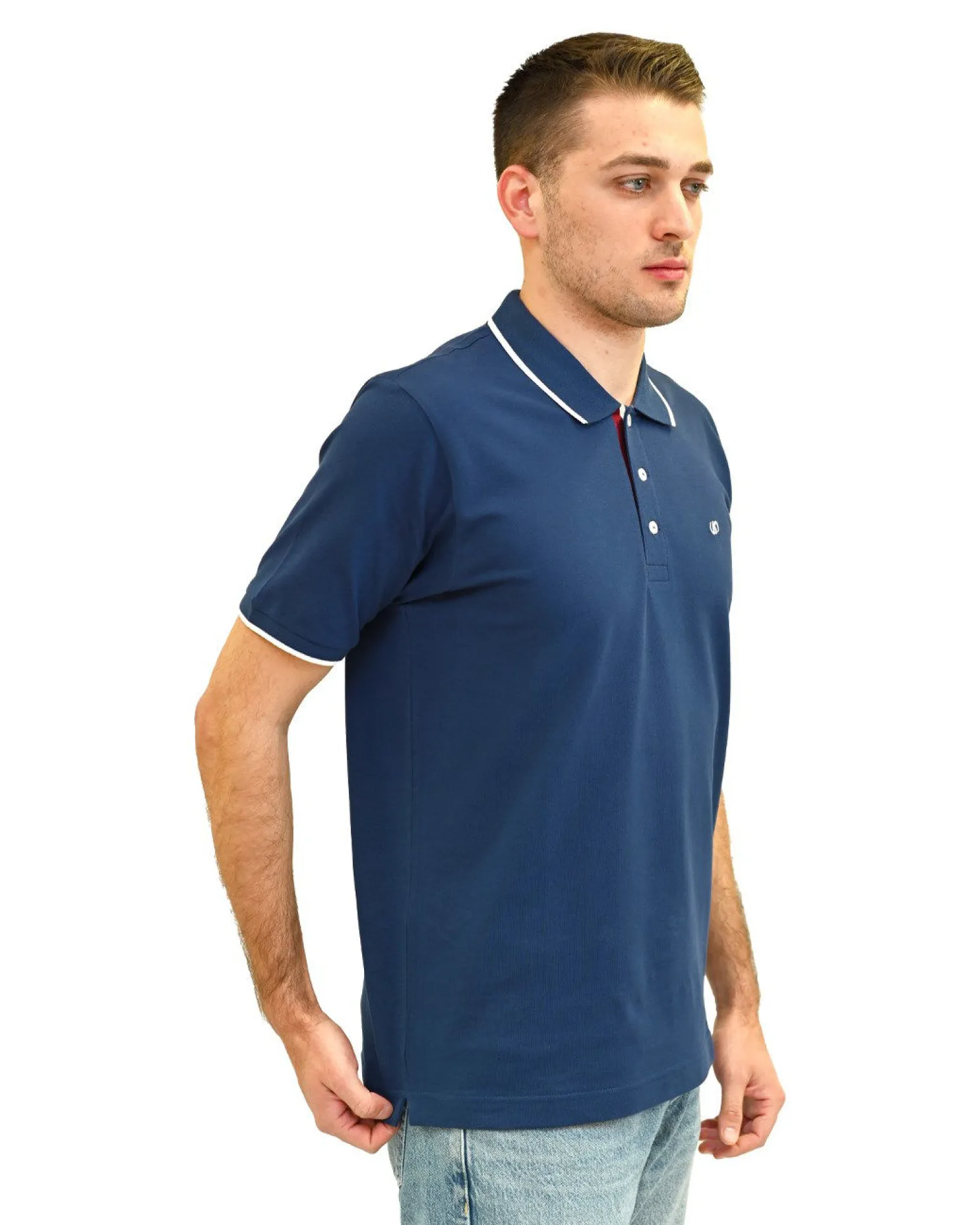 KEY UP - POLO MEZZA MANICA UOMO IN PIQUET BLU CON RIGHINO BIANCO - 2Q711/1271