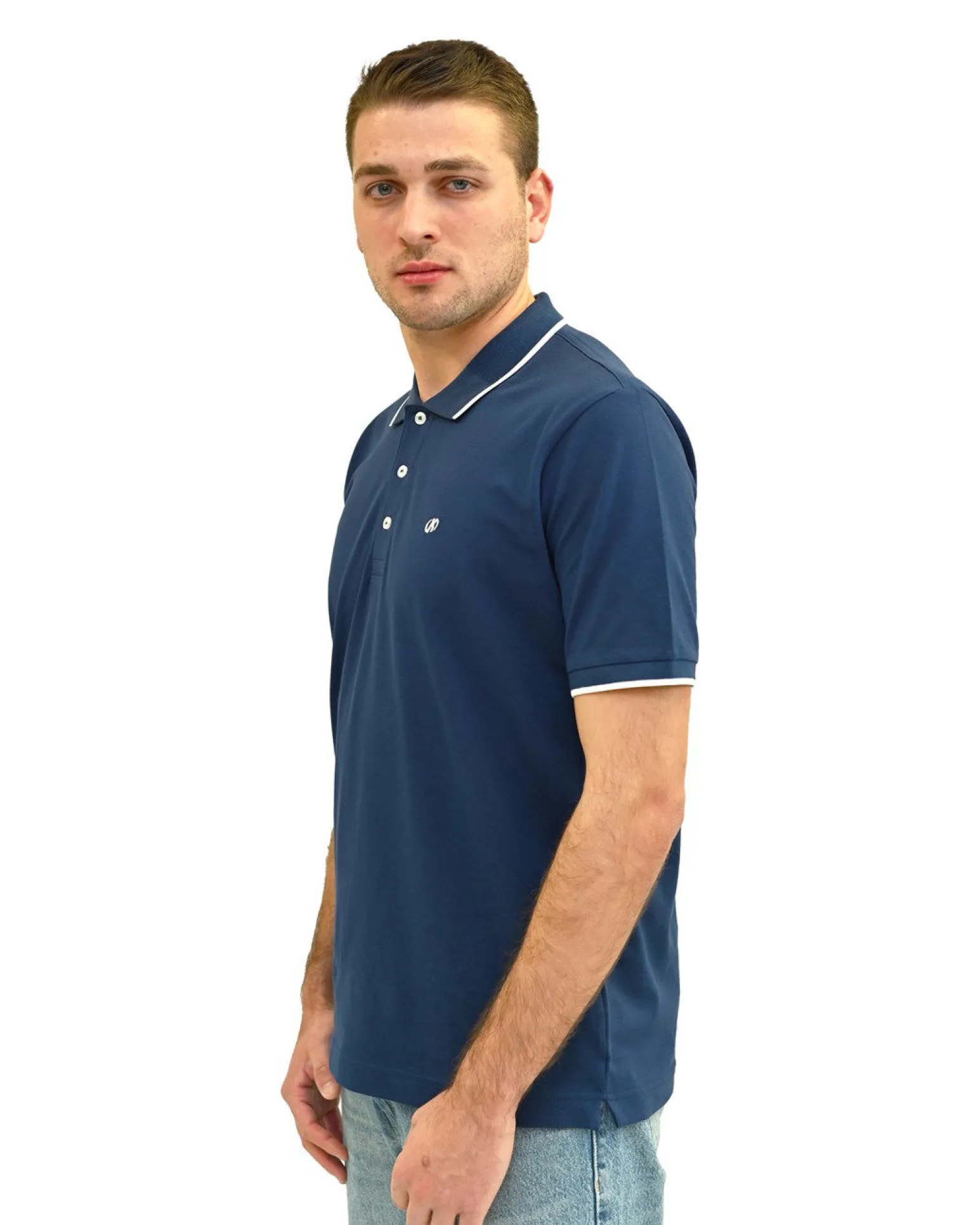 KEY UP - POLO MEZZA MANICA UOMO IN PIQUET BLU CON RIGHINO BIANCO - 2Q711/1271