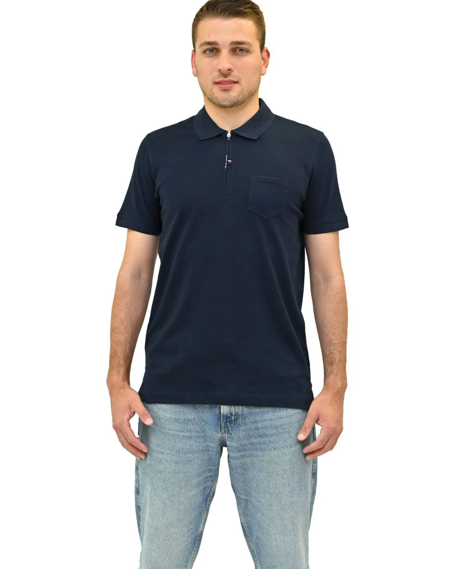 KEY UP - POLO MEZZA MANICA UOMO IN PIQUET BLU MEZZA ZIP CON TASCHINO - 2Q515/1245