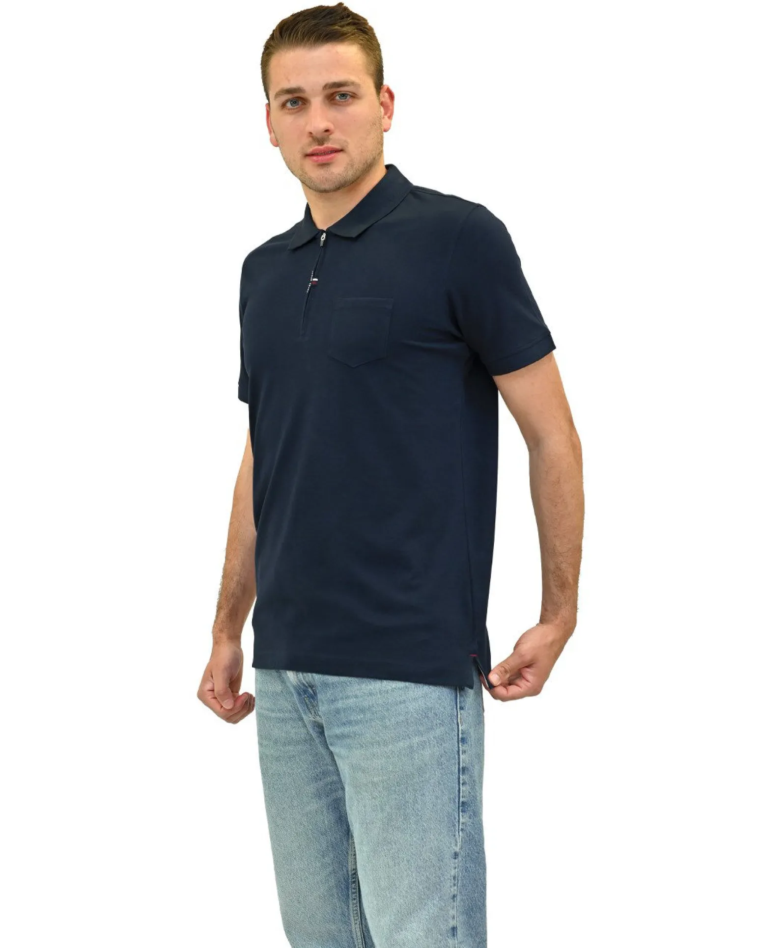 KEY UP - POLO MEZZA MANICA UOMO IN PIQUET BLU MEZZA ZIP CON TASCHINO - 2Q515/1245