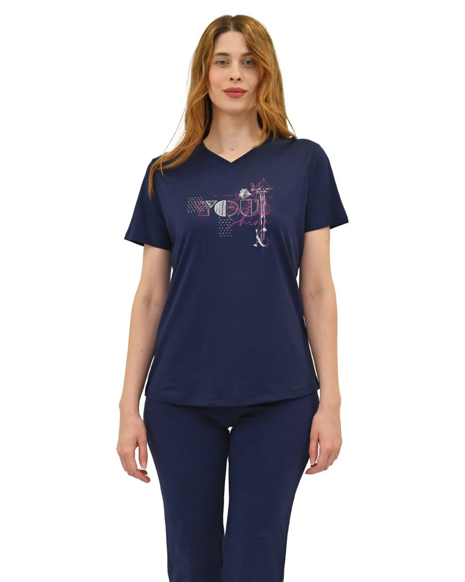 KEY UP - T-SHIRT MEZZA MANICA DONNA BLU CON STAMPA FRONTALE - 5S896/1265